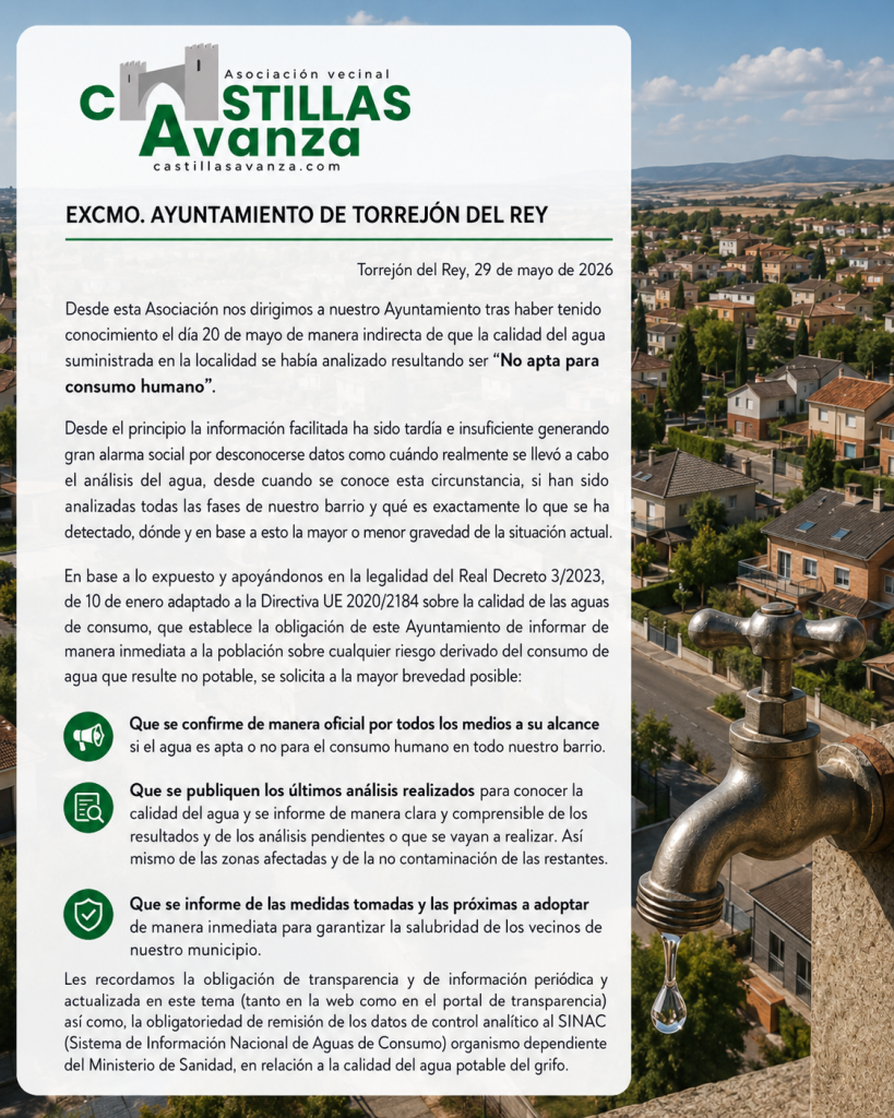 Escrito al ayuntamiento sobre el problema de la contaminación del agua en nuestro barrio